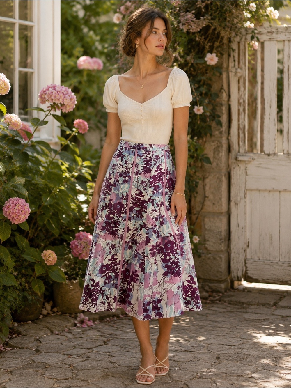 Vintage Cottagecore Garden Party Floral Midi Skirt Pink Plum Size 10